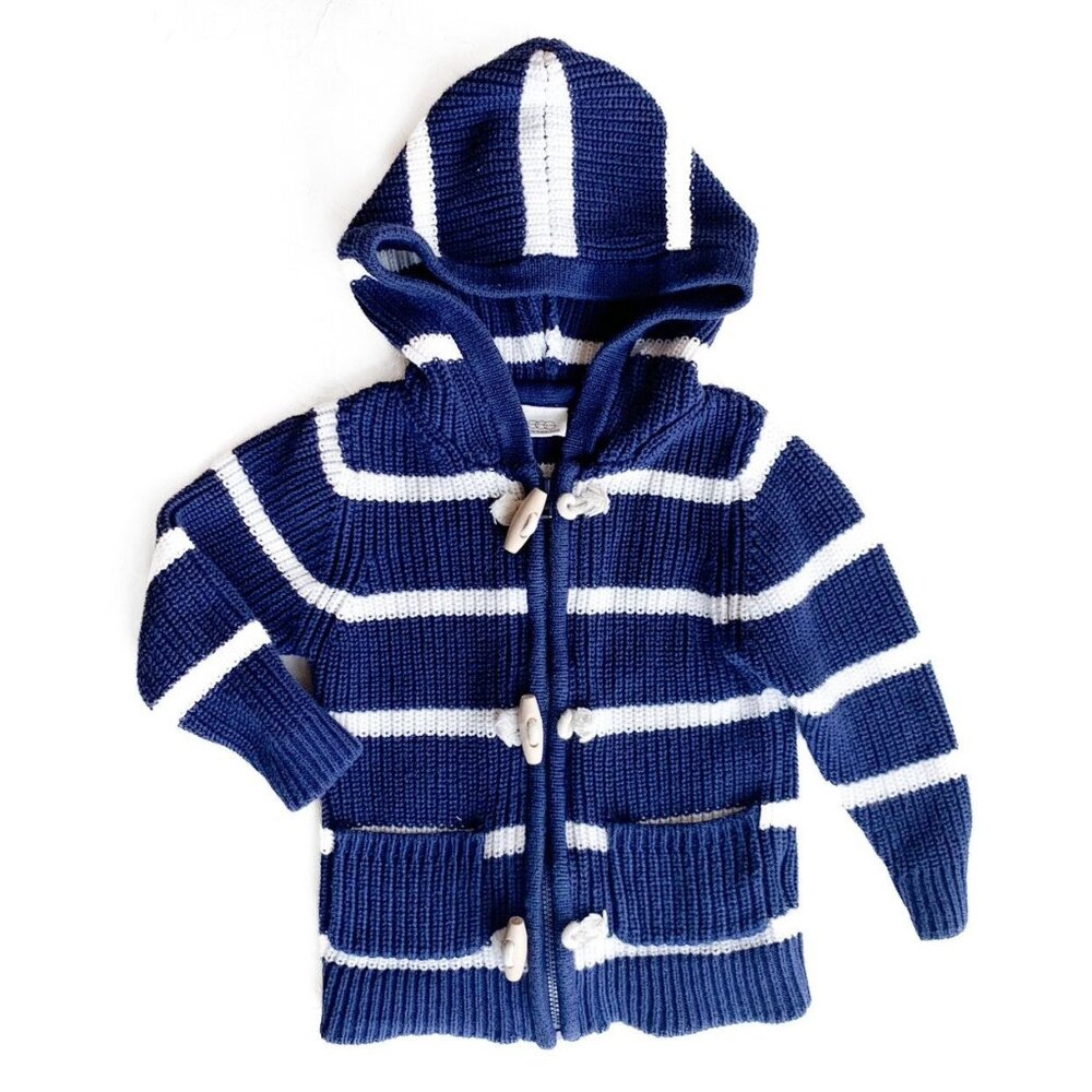 Egg Brand Navy And White Knit Zip Up Hooded Sweater Jacket With Faux Buttons